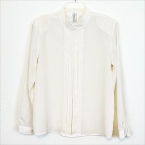 Vintage Karen Scott Mock Neck Chiffon Pleated Blouse Long Sleeve White 12